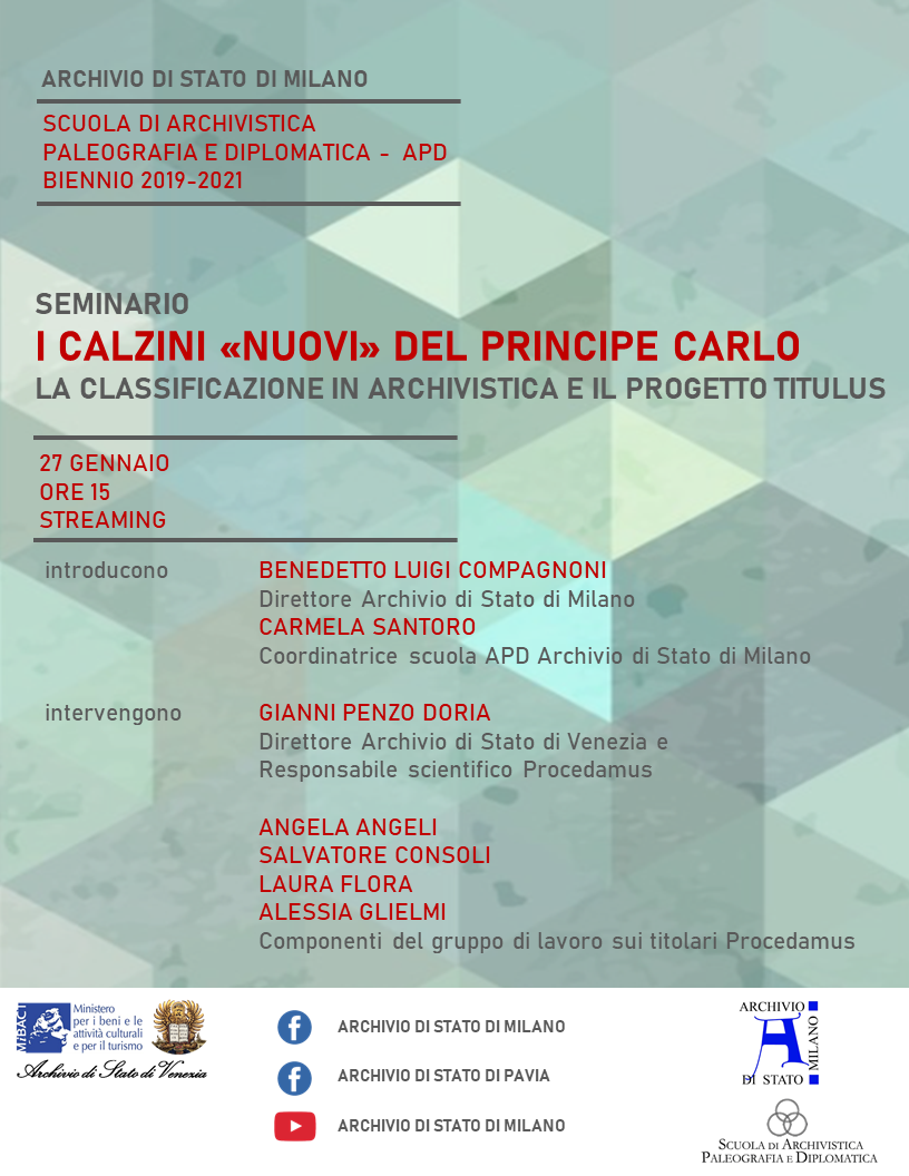 Seminario “I calzini «nuovi» del principe Carlo. La classificazione in archivistica e il progetto Titulus” - Live streaming